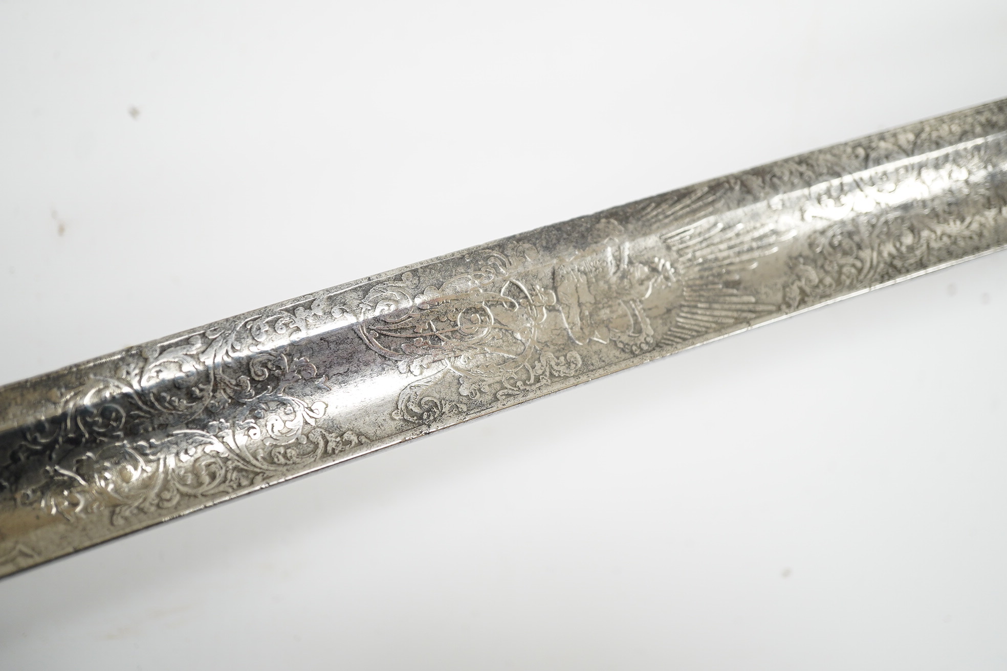 An 1822 infantry officer’s sword, by Wilkinson no visible number so presumably pre-1854, single edge blade with crowned VR and owners initials; FSD, with regulation brass hilt with solid guard. Condition - fair, grip cov